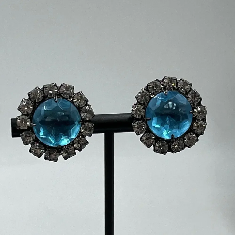 Kenneth Jay Lane Vintage Aquamarine Color Button Clip Gunmetal Earrings - Picture 2 of 12